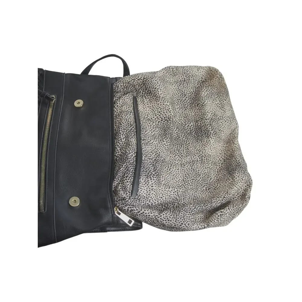 Black Woven Faux Leather Backpack Tote Animal Print Lining Laptop School Bag